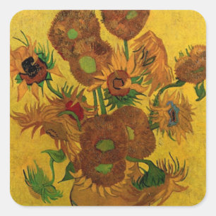 Stillleben-Vase mit 15 Sonnenblumen Vincent van Go Quadratischer Aufkleber