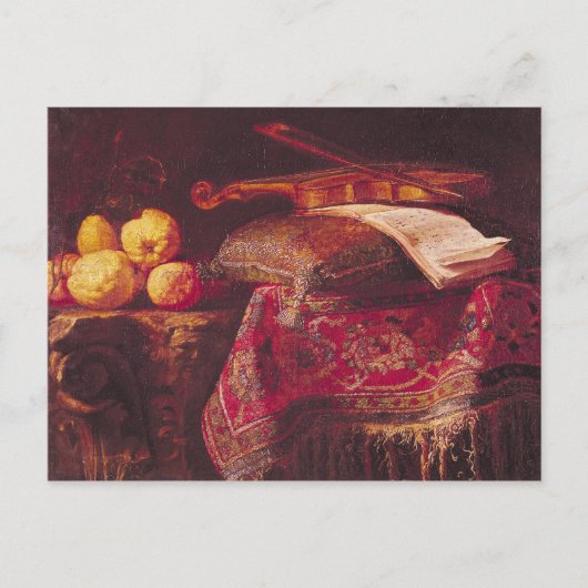 Stillleben von Früchten und Musikinstrumenten Postkarte (Vorderseite)
