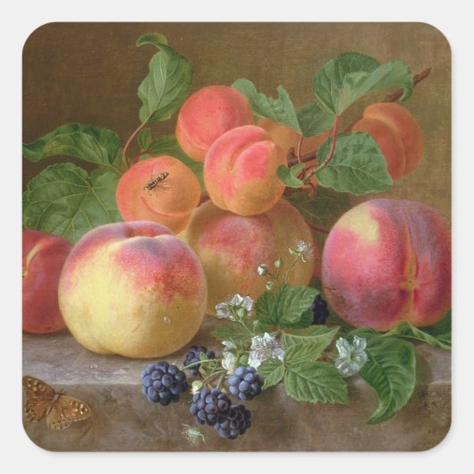 Stillleben von Pfirsichen Quadratischer Aufkleber (Vorderseite)