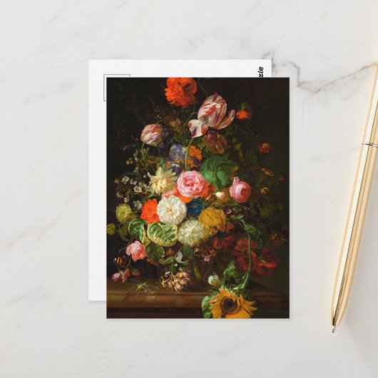 Stillleben von Rose, Tulpen, einer Sonnenblume, 17 Postkarte (Vorderseite/Rückseite Beispiel)