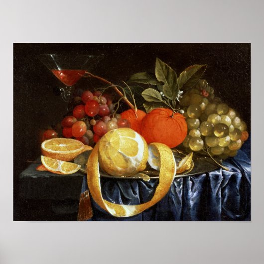 Stillleben von Trauben, Orangen und geschältem Zit Poster (Vorne)