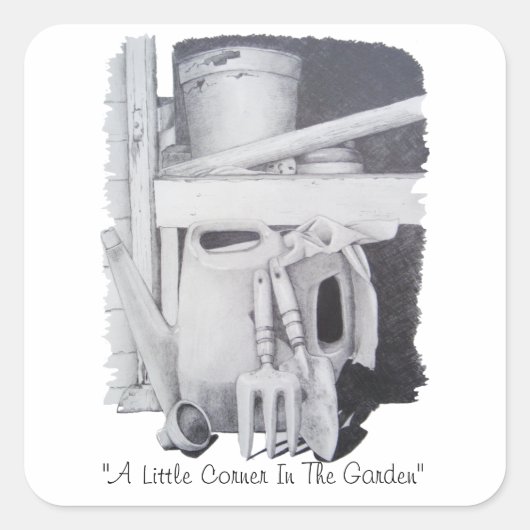 Stillleben zeichnend Gartengeräte für Gärtner Quadratischer Aufkleber (Vorderseite)