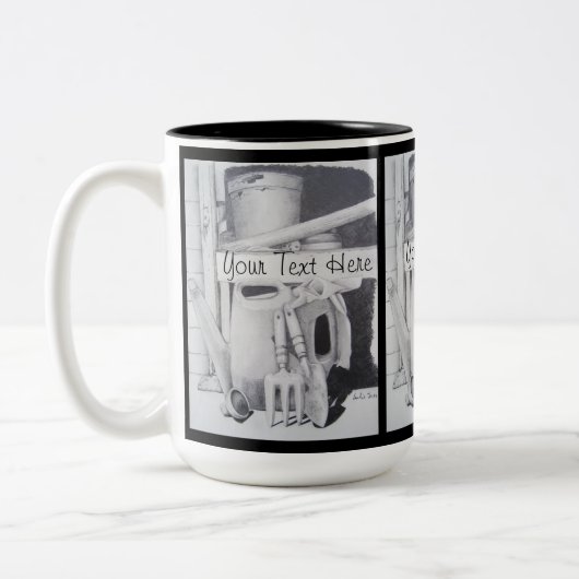 Stillleben zeichnend Gartengeräte für Gärtner Zweifarbige Tasse (Links)