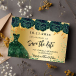 Stilmöbel aus Edelmetall Save The Date<br><div class="desc">Eine gmädchenhafte und trendige Save the Date-Karte für eine Quinceañera,  15. Geburtstagsfeier. Ein goldfarbenes Imitat mit grünen Rose,  Glitzern und einem grünen Kleid. Personalisieren und fügen Sie Datum und Name/Alter hinzu. Der Text: Save the Date ist mit einem großen angesagten,  handgeschriebenen Stilskript geschrieben.</div>