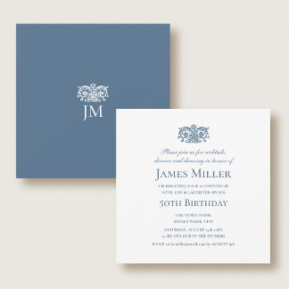 Stilsame 50. Geburtstagsfeier Elegant Blau Verzier Einladung