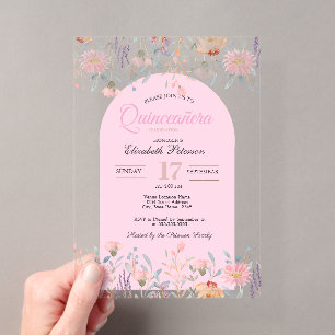 Stilsich rosa Wildblumen Ihr Foto Quinceañera Acryleinladungen