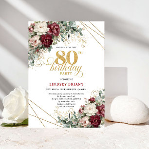 Stilsich tiefrote Blumen Eukalyptus Gold 80. Gebur Einladung