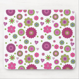 Stilsicher lila und grünes Blumenmuster auf Weiß Mousepad