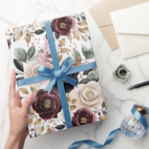 Stilsichere burgunderrote cremefarbene Blumen-Brau Geschenkpapier