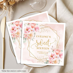 Stilsüße hellrosa goldene Blumen Sweet Sixteen Serviette