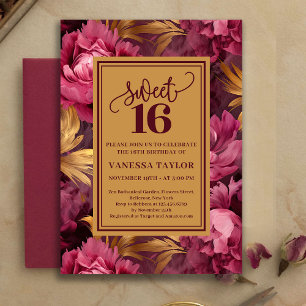 Stilsvolle Burgunder-Rosa-Rosen Gold Sweet Sixteen Einladung