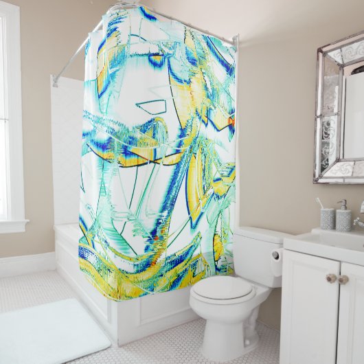 Stiltinte nein, Bild mit gelbem, zyanblauem Fleck Duschvorhang (Beispiel)