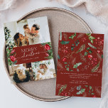 Stilvoll 3 Foto Burgundy Red Frohe Weihnachten<br><div class="desc">Diese Kollektion besticht durch Aquarellblumen,  Beeren und Wintergrün mit moderner und eleganter Typografie,  mit einem botanischen Wintermuster zurück.</div>