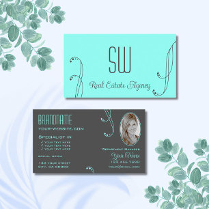 Stilvoll Aquamarin Grau Verziert mit Monogramm und Visitenkarte