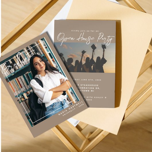 Stilvoll Beige | Zwei Foto Abschluss Open House Einladung