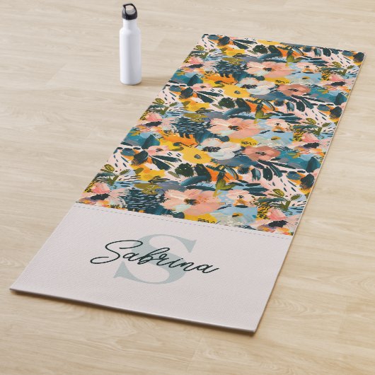 Stilvoll Blau-Rosa-Monogramm für Abstrakte Blumenb Yogamatte (Beispiel)