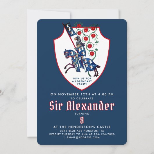 Stilvoll Blaues Rotes Mittelalterliches Armor Ritt Einladung (Vorderseite)