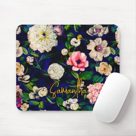 Stilvoll blorrosa Blume blaues Monogramm Muster Mousepad (Mit Mouse)