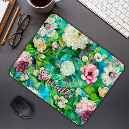 Stilvoll blorrosa Blume blaues Monogramm Muster Mousepad