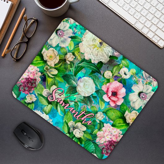 Stilvoll blorrosa Blume blaues Monogramm Muster Mousepad