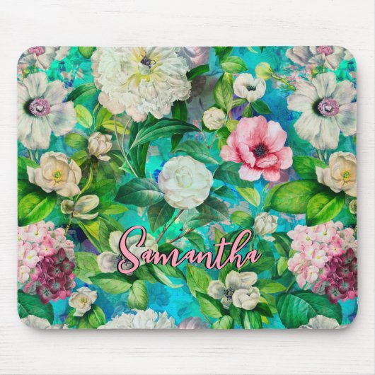 Stilvoll blorrosa Blume blaues Monogramm Muster Mousepad (Vorne)