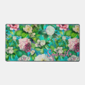 Stilvoll blorrosa Blume blaues Monogramm Muster Schreibtischunterlage (Vorderseite)