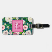 Stilvoll blorrosa Blume, grünes Monogramm-Muster Gepäckanhänger (Vorderseite horizontal)