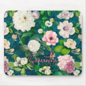 Stilvoll blorrosa Blume, grünes Monogramm-Muster Mousepad (Vorne)