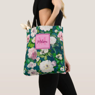 Stilvoll blorrosa Blume, grünes Monogramm-Muster Tasche