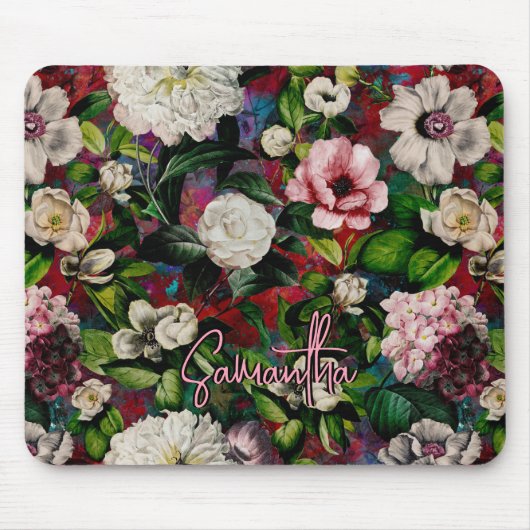 Stilvoll blorrosa Blume Rot-Monogramm-Muster Mousepad (Vorne)