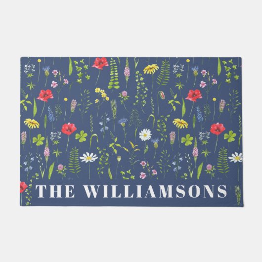 Stilvoll Boho Blue Wildblumen Floral Personalisier Fußmatte (Vorderseite)