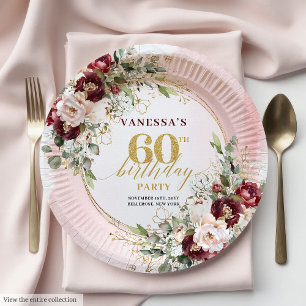 Stilvoll Boho Burgund Gold Blumen 60. Geburtstag Pappteller