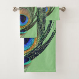 Stilvoll Chic Blue Sage Green Peacock Feather Badhandtuch Set
