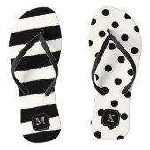 Stilvoll Chic Modern Black Dots & Stripes Monogram Badesandalen (Fußbett)