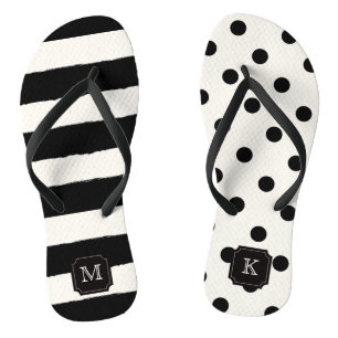 Stilvoll Chic Modern Black Dots & Stripes Monogram Badesandalen