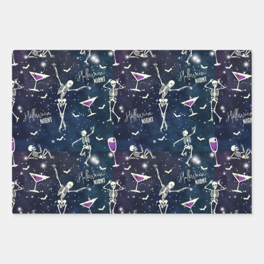 Stilvoll deep Dark Sparkling Sky Dancing Skelette Geschenkpapier Set (Vorderseite)