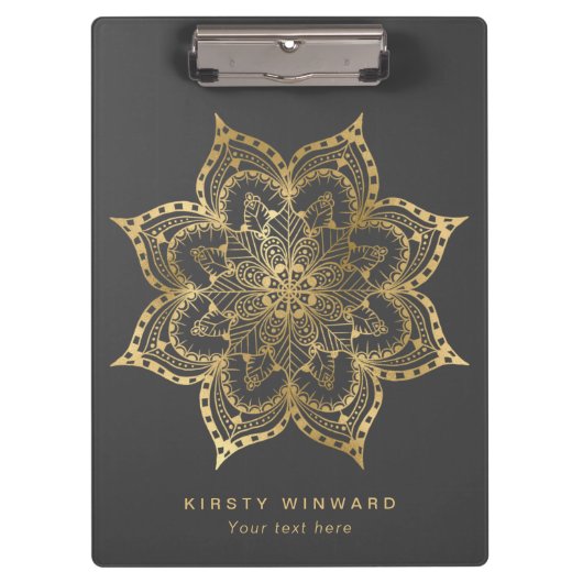 Stilvoll dunkelgrau und goldener Foil Boho Mandala Klemmbrett (Vorderseite)
