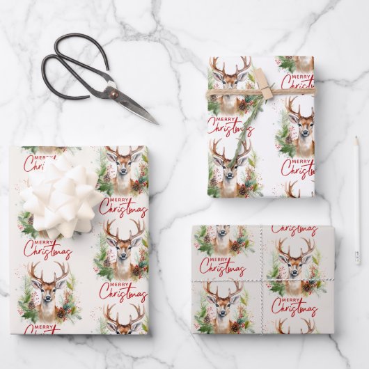 Stilvoll & elegant Deer Christmas Greenery Muster Geschenkpapier Set (Vorderseite)
