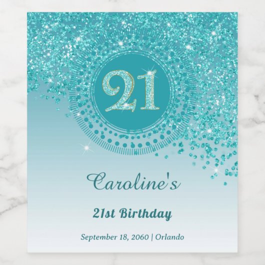 Stilvoll Falling Aquamarin Blue Glitzer 21. Geburt Weinetikett (Einzelnes Label)