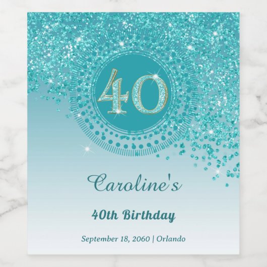 Stilvoll Falling Aquamarin Blue Glitzer 40. Geburt Weinetikett (Einzelnes Label)