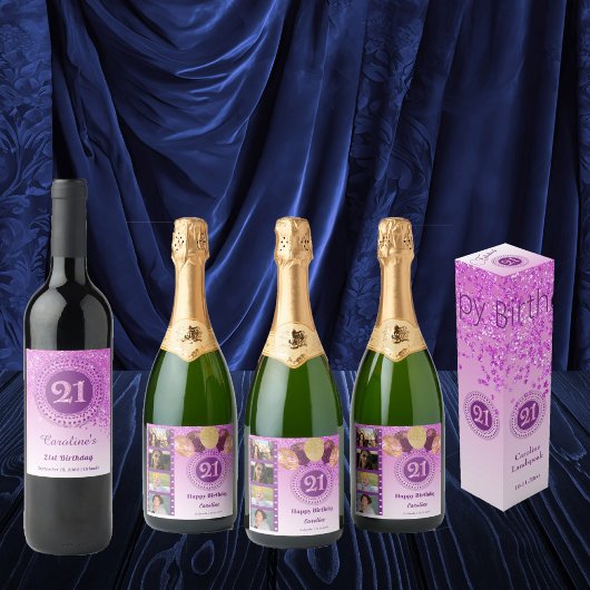 Stilvoll Falling Pink Glitzer 21. Geburtstag Weinetikett