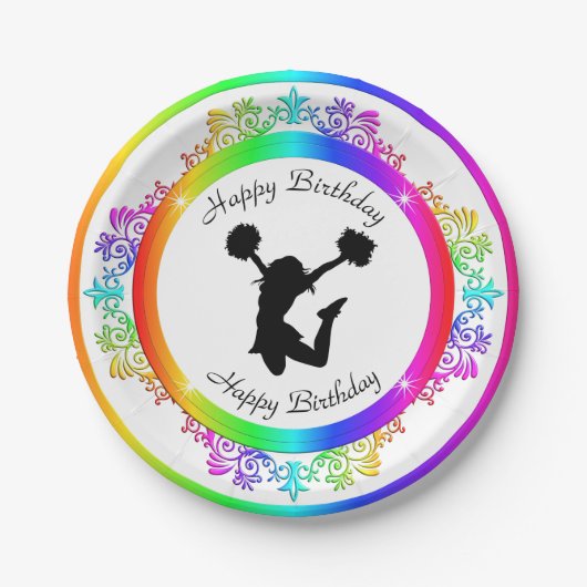 Stilvoll farbenfroh verzierte Cheerleader Birthday Pappteller (Vorderseite)