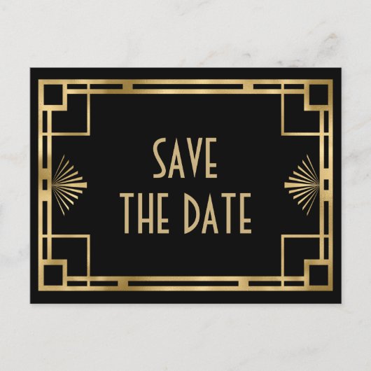 Stilvoll Gatsby Art Deco Schwarz und Gold Ankündigungspostkarte (Vorderseite)