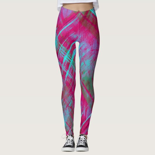 Stilvoll gestresster Karierter Karo Pink Lila Aqua Leggings (Vorderseite)
