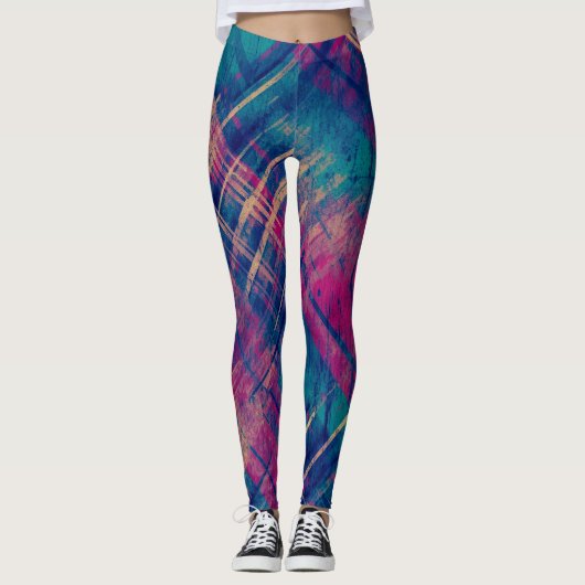 Stilvoll gestresster Karierter Karo Rosa Lila Blau Leggings (Vorderseite)