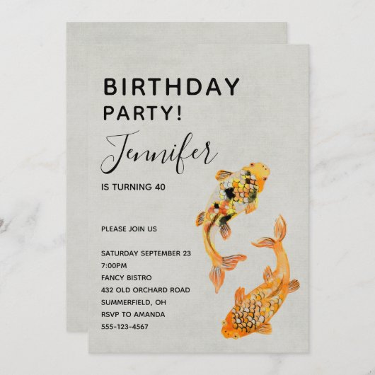 Stilvoll Gold Koi Fish Geburtstag Einladung (Vorne/Hinten)