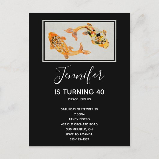 Stilvoll Gold Koi Fish Geburtstag Einladungspostkarte (Vorderseite)