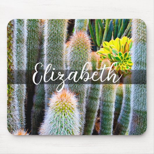 Stilvoll grünes Fuzzy Cacti Foto individuelle Name Mousepad (Vorne)
