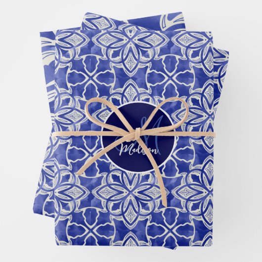 Stilvoll gürtelblau graue erste mit Monogramm Geschenkpapier Set (Beispiel)