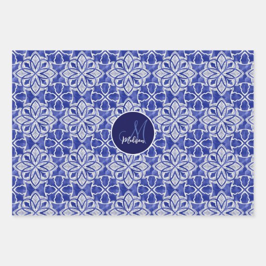 Stilvoll gürtelblau graue erste mit Monogramm Geschenkpapier Set (Vorderseite)